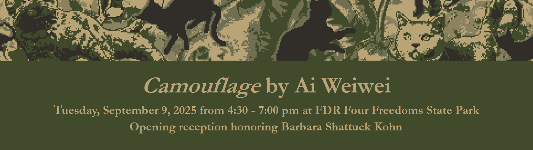 Camoufalge by Ai Weiwei
Tuesday, September 9, 2025 from 4:30 - 7:00pm at FDR Four Freedoms State Park
Opening reception honoring Barbara Shattuck Kohn