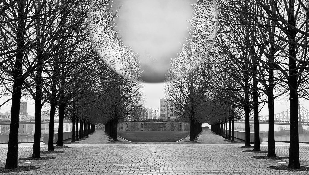 Black and white image of FDR Four Freedoms Park with a large white orb hovering over the lawn.